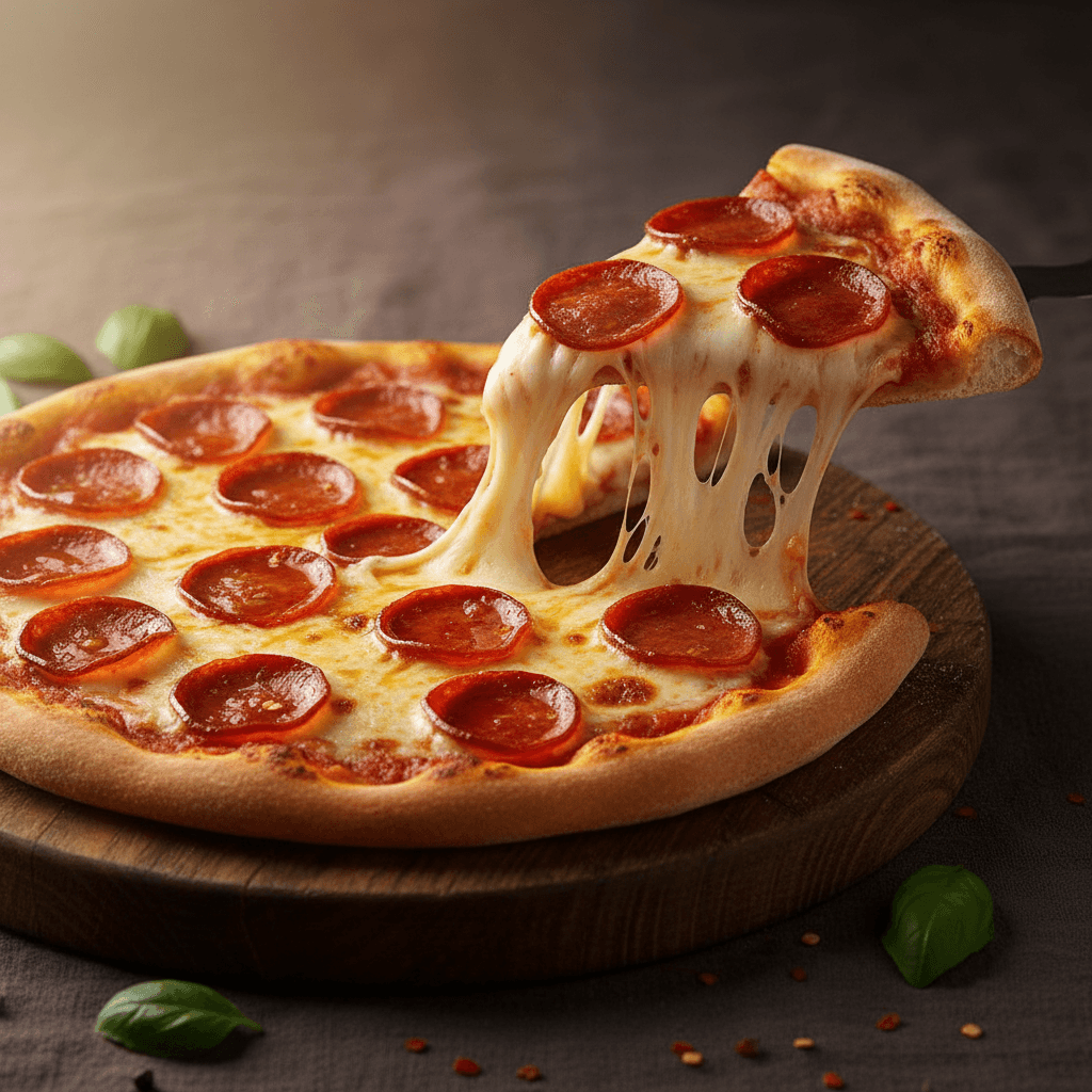 Branded three-quarter shot of a pepperoni pizza slice being lifted from the whole pie with cheese stretching.