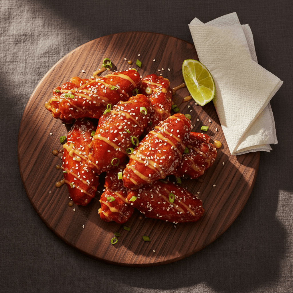Branded top-down shot of sticky chilli-glazed chicken wings on a dark wooden board with sesame seeds and spring onion.