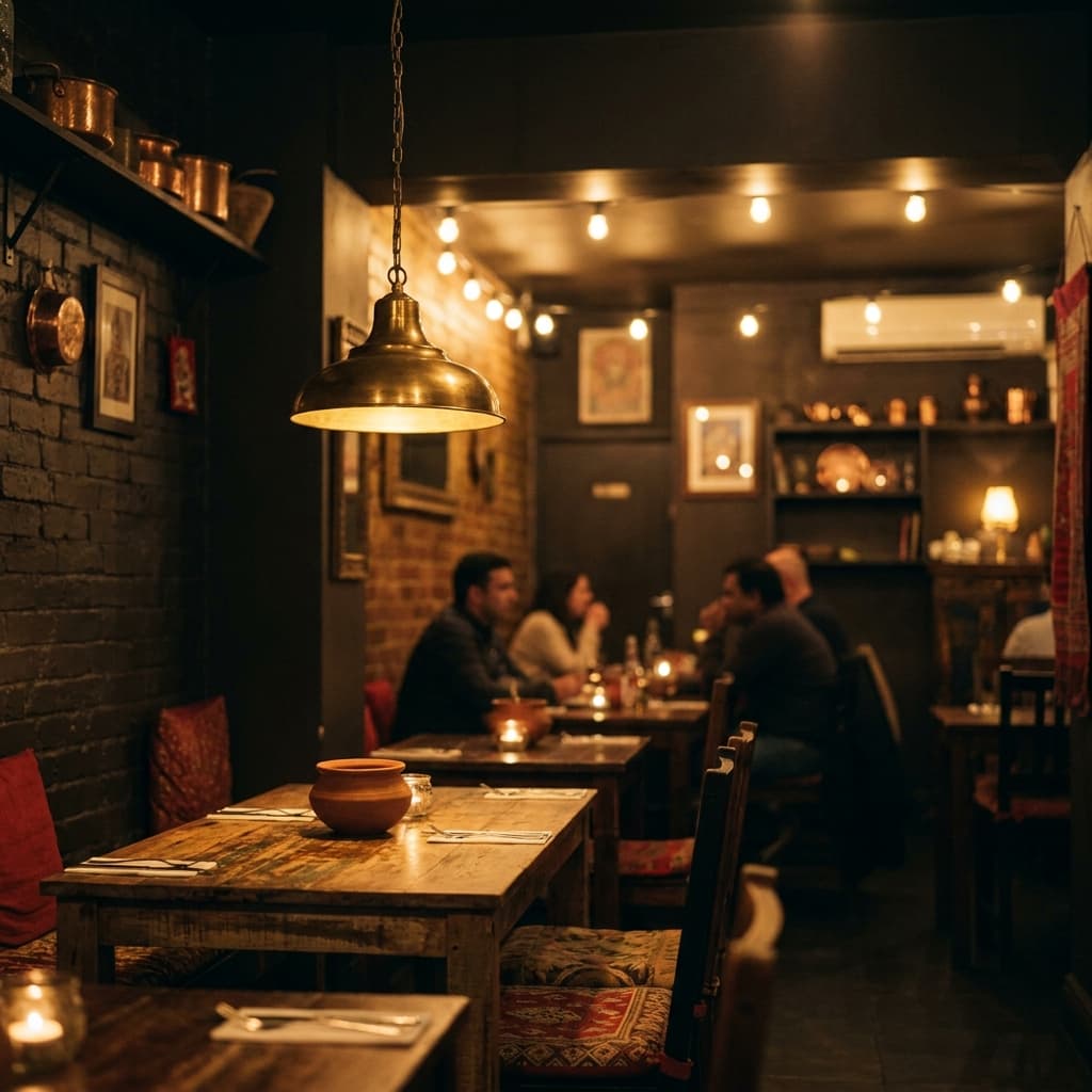 Restaurant interior at dinner service