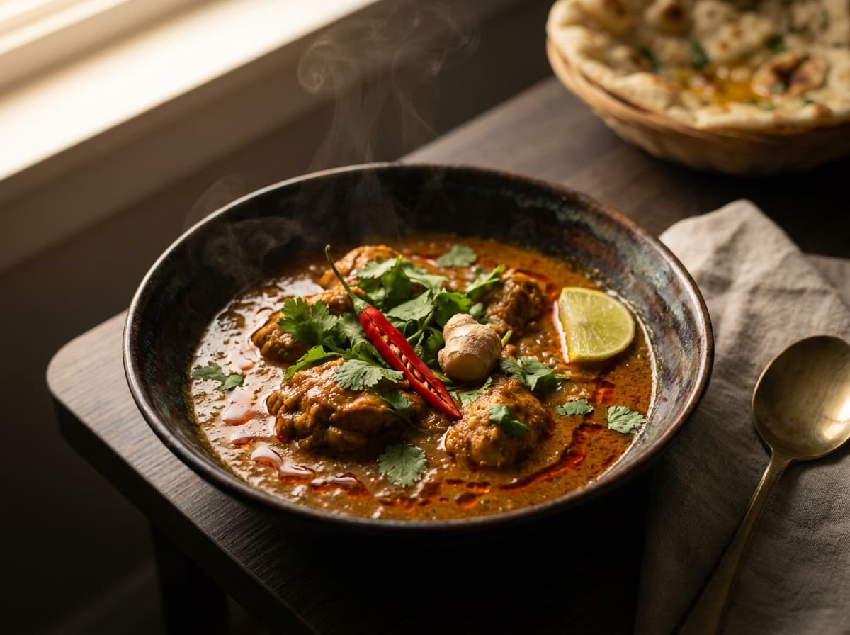 Restaurant's own chicken curry, shot in warm window light with coriander, chilli, ginger and lime
