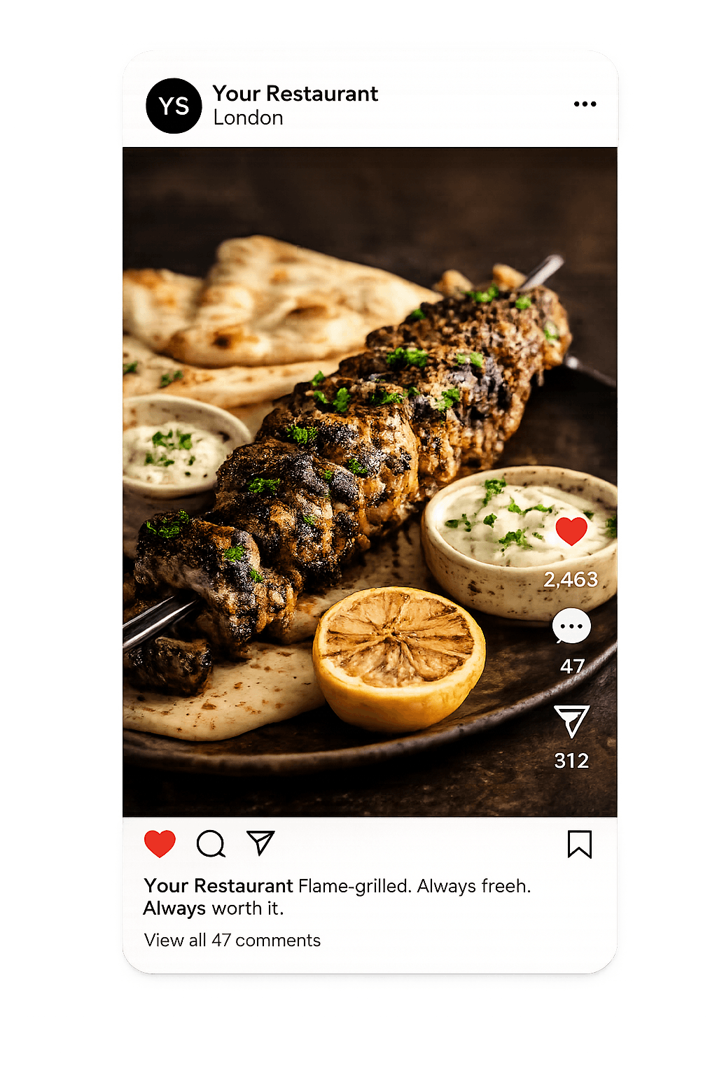Phone showing a short food reel — lamb seekh kebab clip with likes, comments, and saves