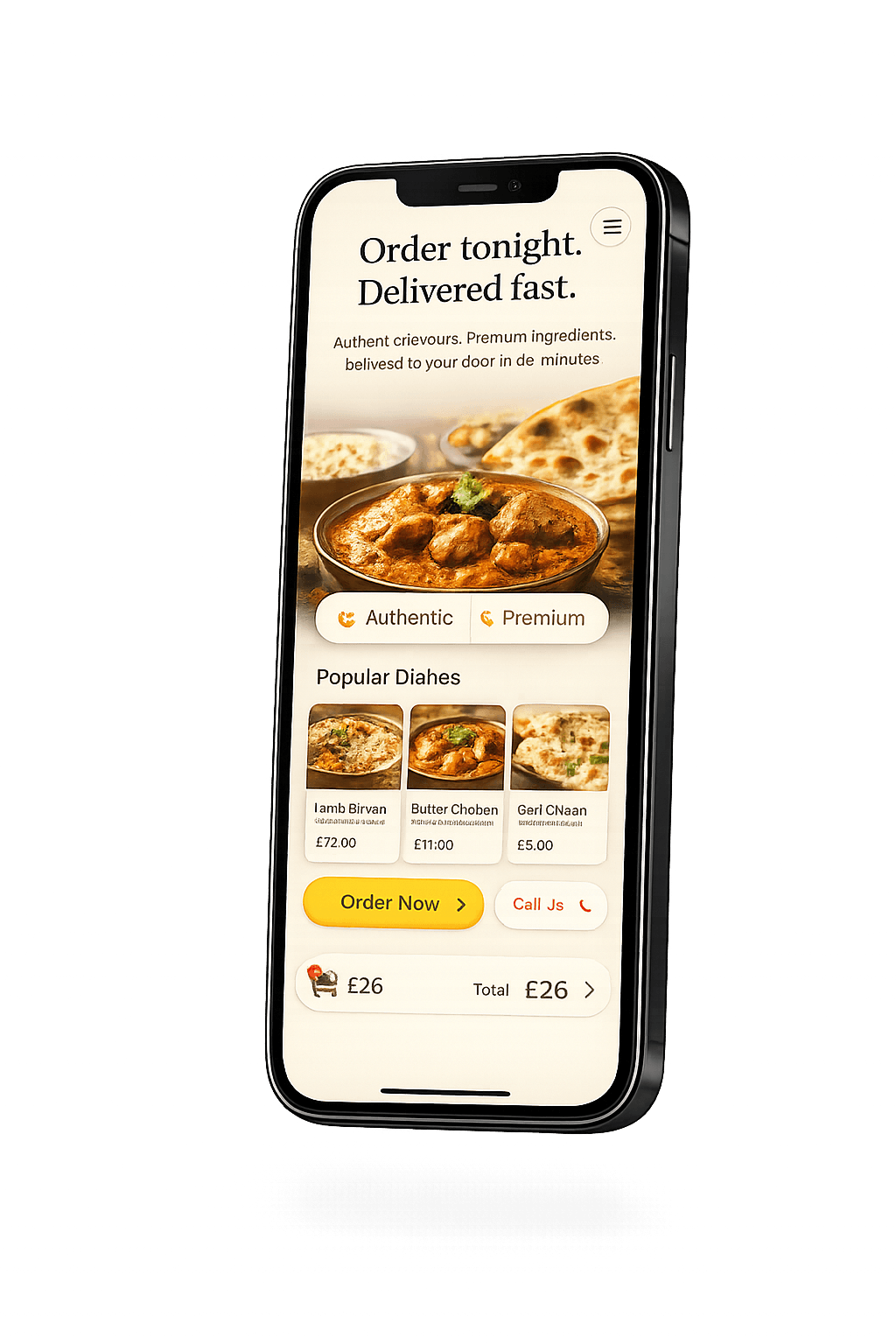 Modern Manto-built restaurant website example shown on a smartphone